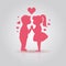 Cute pink icon of kissing couple of children. Boy and girl stand Holding hands before kiss. First Love, First kiss