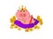 Cute pink king piggy with gold crown and coins around, lying on the violet pillow.