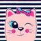 Cute pink kitten with pink bow on striped background. Girlish print with kitty for t-shirt