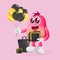 Cute pink monster holding gift box celebrate black friday