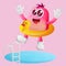 Cute pink monster swimming with wearing rubber duck tube