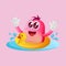 Cute pink monster swimming wearing rubber duck tube