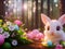 Cute Pink Nosed Easter Bunny With Easter Eggs In A Magical Forest - AI Generated Illustration