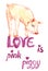 Cute pink piggy standing, valentine card design with handwritten inscriptions