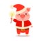 Cute pink piglet in Santa`s costume holding Bengal light. Vector illustration isolated on white background