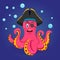 Cute Pink Pirate octopus. Vector isolated illustration.