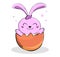 Cute pink rabbit, cartoon character sitting in eggshell.