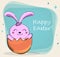 Cute pink rabbit, cartoon character sitting in eggshell.