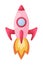 Cute pink-red rocket with fire on white background. Cartoon transport for kids cards, baby shower, birthday invitation, house