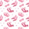 Cute pink seamless pattern with princess Barbie wardrobe details, crown, shoes, cowboy hat, kiss. Beautiful girlish wallpaper.