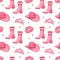 Cute pink seamless pattern with princess Barbie wardrobe details, crown, shoes, cowboy hat, kiss. Beautiful girlish wallpaper.