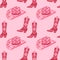 Cute pink seamless pattern with retro cowgirl hats and cowboy boots. Background, print for girls.