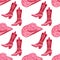 Cute pink seamless pattern with retro cowgirl hats and cowboy boots. Background, print for girls.
