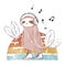 Cute pink sloth listening to the music art