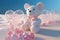 A cute pink teddy bear for love, valentine, or wedding design, heart-shaped transparent bubble on the beach