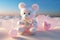 A cute pink teddy bear for love, valentine, or wedding design, heart-shaped transparent bubble on the beach