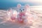 A cute pink teddy bear for love, valentine, or wedding design, heart-shaped transparent bubble on the beach