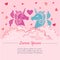 Cute pink template with pink and blue Unicorns with wings in clouds.