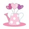 A cute pink vase in the form of a watering can, with a pattern with white polka dots, with a bouquet of three hearts