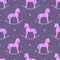 Cute pink vector rocking horses isolated on violet background. Baby toy seamless pattern