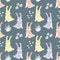 Cute pink, yellow and lilac bunnies, flowers and hearts on a blue background . Vector Seamless pattern, hand-drawn vector