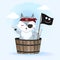 Cute pirate fox in wooden bucket hand drawn cartoon animal illustration