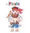 Cute pirate with parrot on white background. Lovely pirate handdrawn illustration with color pencils.