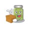 Cute pistachio butter cartoon character having a box