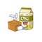 Cute pistachio milk cartoon character having a box