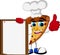 Cute pizza cartoon thumb up holding blank board