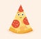 Cute pizza slice with funny face, eyes and mouth. Triangle piece of Italian fast food character with melting cheese and