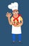 Cute pizzaiolo chef with neopolitan pizza in cartoon style. Character for postcards, books, posters. Vector illustration