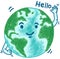 Cute planet earth say Hello, cartoon character illustration isolated on white background. Hand drawn pastel, crayon, oil pastel