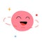 Cute planet. Pink celestial object with funny smiling faces, saturn with moons and stars, childish outer space element