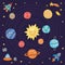 Cute planets drawing for children - cartoon galaxy universe themed card with smiling parts of Solar system