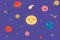 Cute planets set. Celestial objects with funny smiling faces, sun stars and comets, childish outer space background