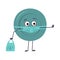 Cute plate character with emotions, face and mask keep distance, hands with shopping bag and stop gesture. A sad hero, a