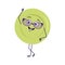 Cute plate character with glasses and joyful emotions, smile face, happy eyes, arms and legs. A mischievous dish for a