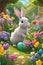 A cute and playful bunnies with easter egg, in a lush garden with colorful blooming flowers arounds, cartoon style, animal