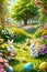 The cute and playful bunnies in a lush garden, filled with beautiful blooming flowers, tree, in easter eggs tradition, cartoon