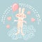 Cute playful bunny, hare, rabbit with clew ball, roll knitting needles and tied bow with floral pattern