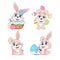 Cute playful Easter bunnies kawaii cartoon vector characters set