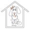 A cute, playful white dog girl with heart and bone is sitting in a house. Vector sketch outline