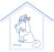 A cute, playful white dog girl with a heart sits in a house. Vector sketch outline