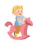 Cute plump boy rides toy horse isolated illustration