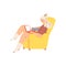Cute plump girl in a yellow chair with a laptop. A young woman in warm socks has settled down comfortably in a comfortable chair