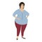 Cute plump woman in red trousers and blue blouse