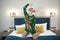 Cute plus size nerd girl in glasses and green Christmas sweater with reindeer and red Santa Claus hat in the morning on