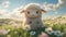 Cute plush lamb in sunny flower field with soft clouds