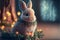 A cute plush rabbit toy sits under a tree surrounded by Christmas tree branches with copyspace.